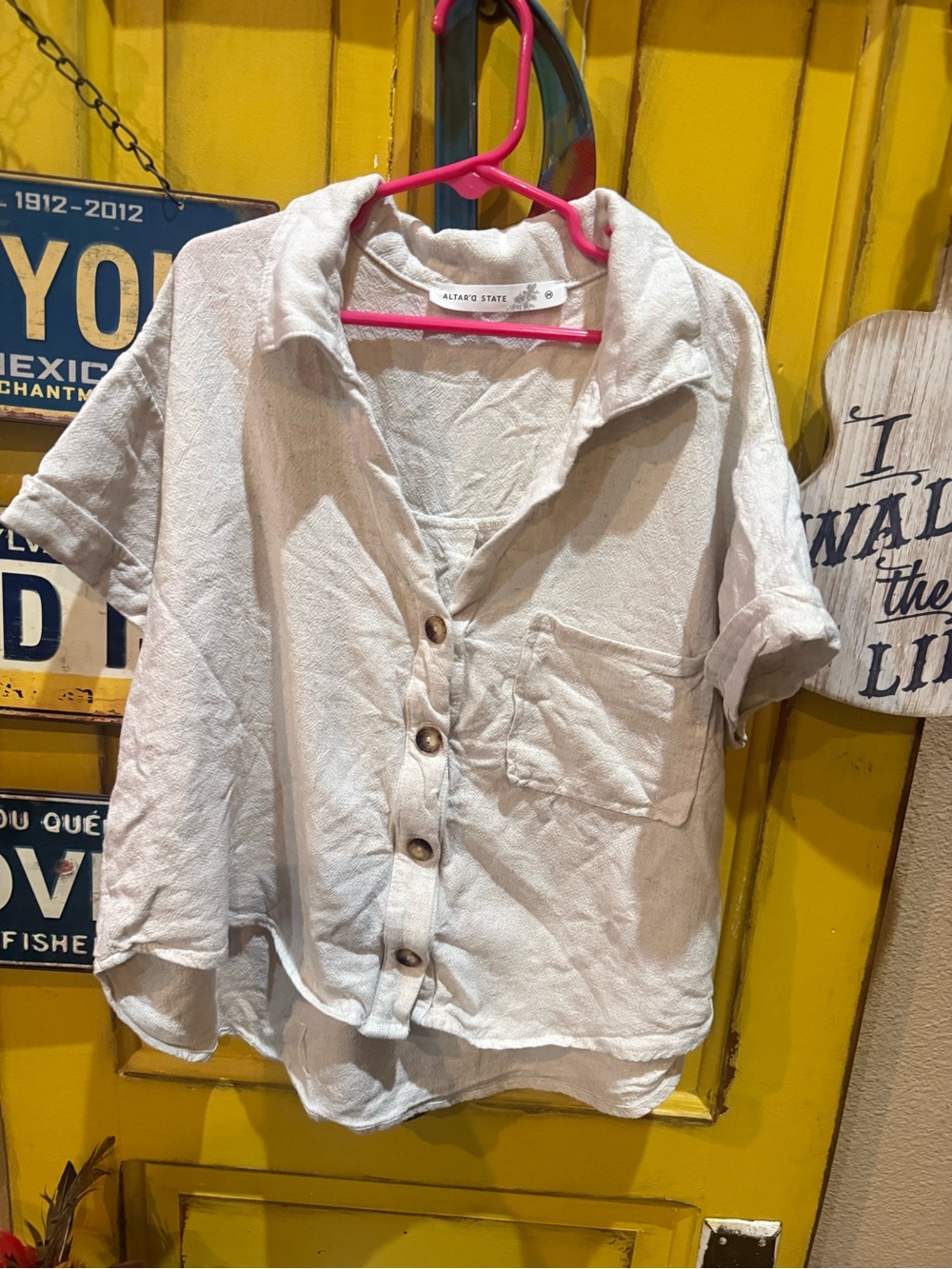 Altar'd State Cream Button-Down Short Sleeve Top